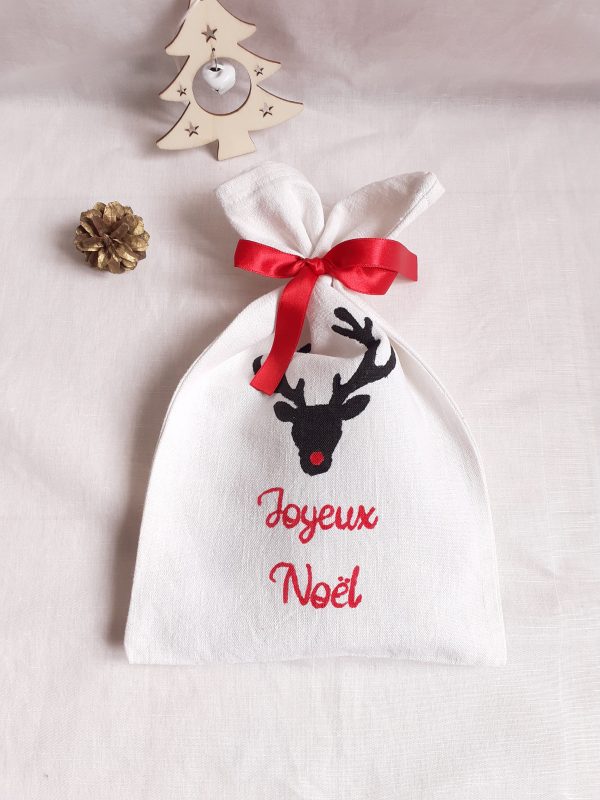 Hotte de noël en tissu beige Joyeux Noël et décor rennes noir